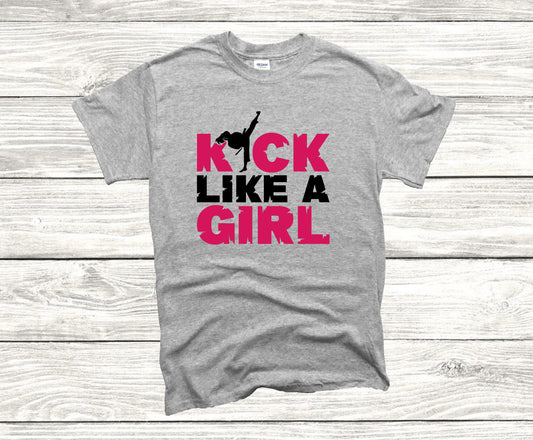 Kick Like a Girl Karate Unisex T-Shirt, Youth + Adult Sizes