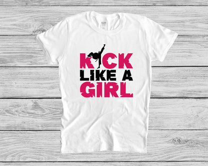 Kick Like a Girl Karate Unisex T-Shirt, Youth + Adult Sizes