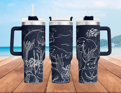 Manatee 40oz Insulated tumbler with handle and straw