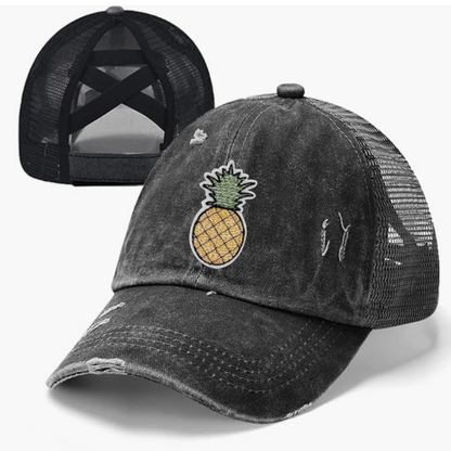 Pineapple Embroidered Ladies Distressed Ponytail Cap