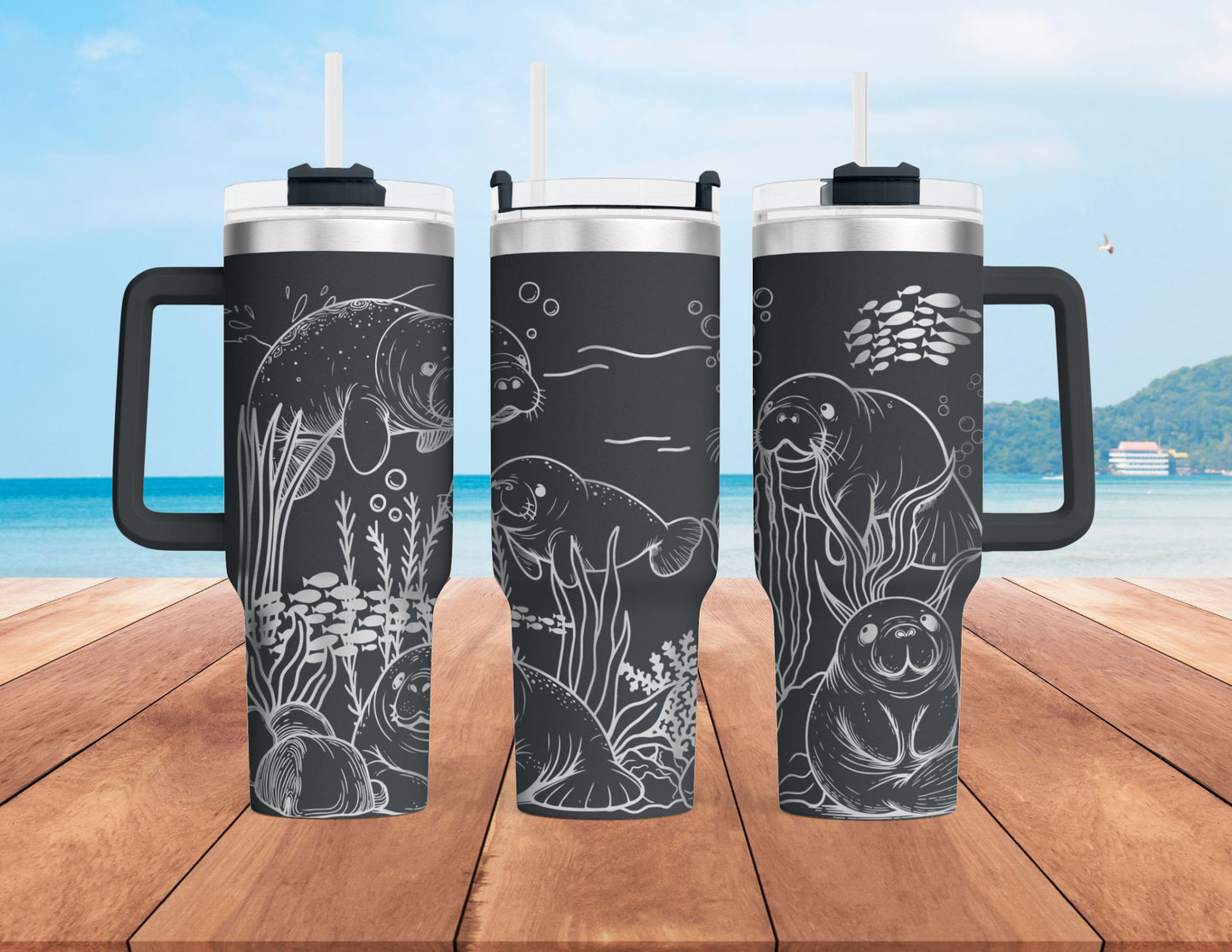 Manatee 40oz Insulated tumbler with handle and straw