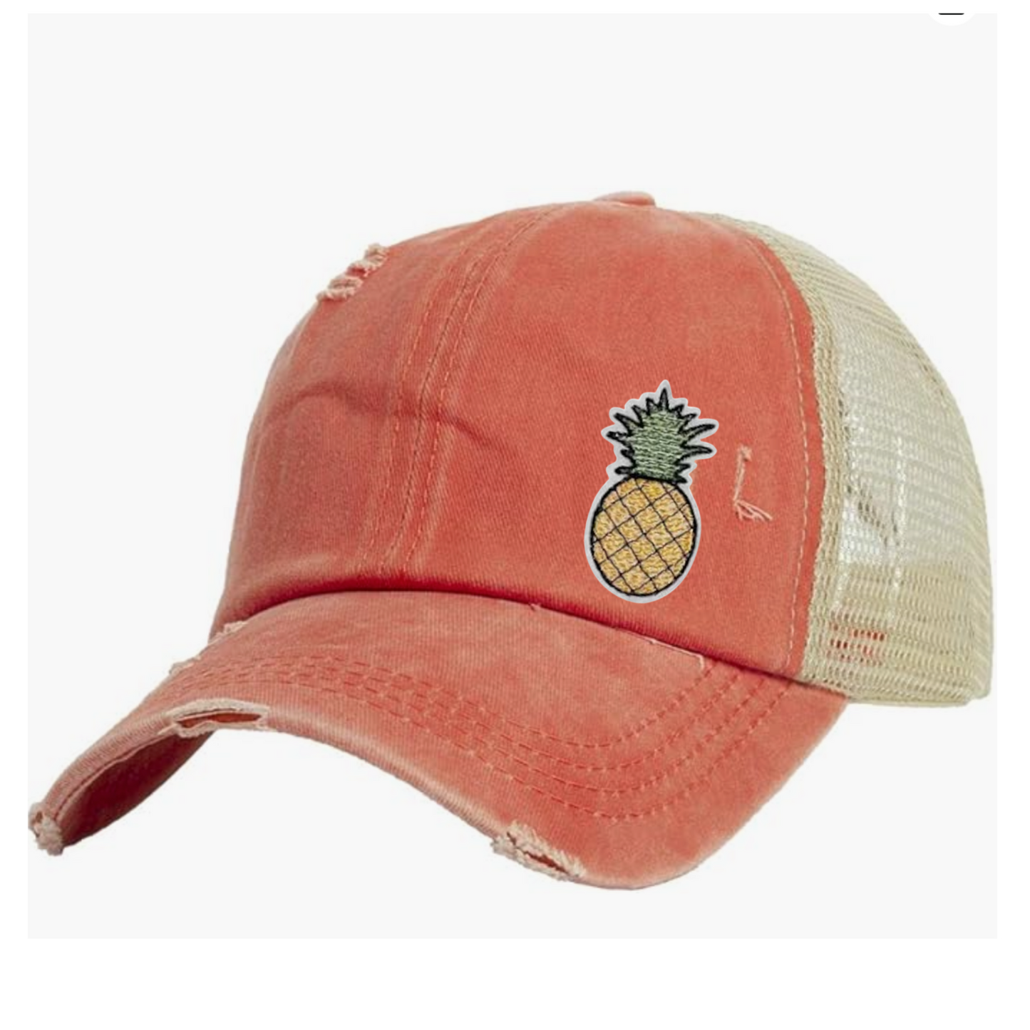 Pineapple Embroidered Ladies Distressed Ponytail Cap