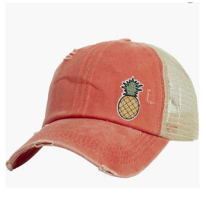 Pineapple Embroidered Ladies Distressed Ponytail Cap