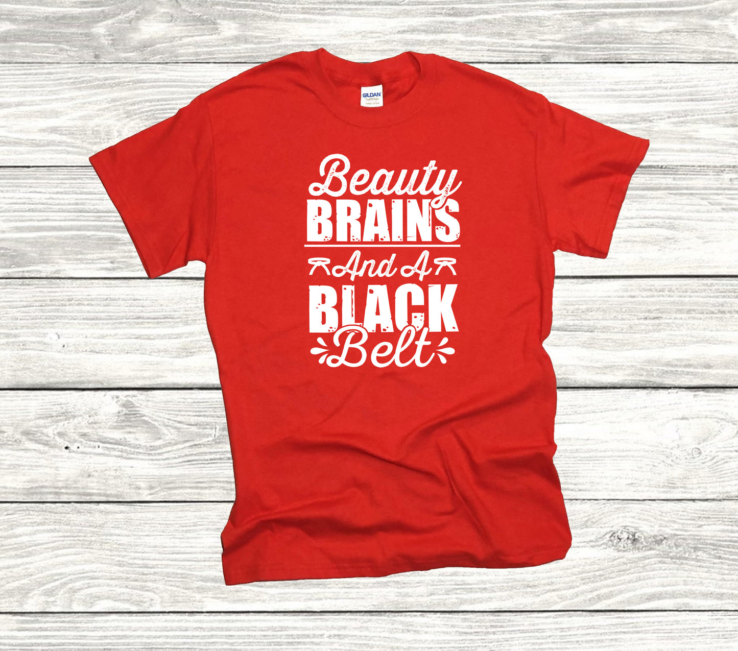 Beauty Brains and a Black Belt Unisex T-Shirt, Youth + Adult Sizes