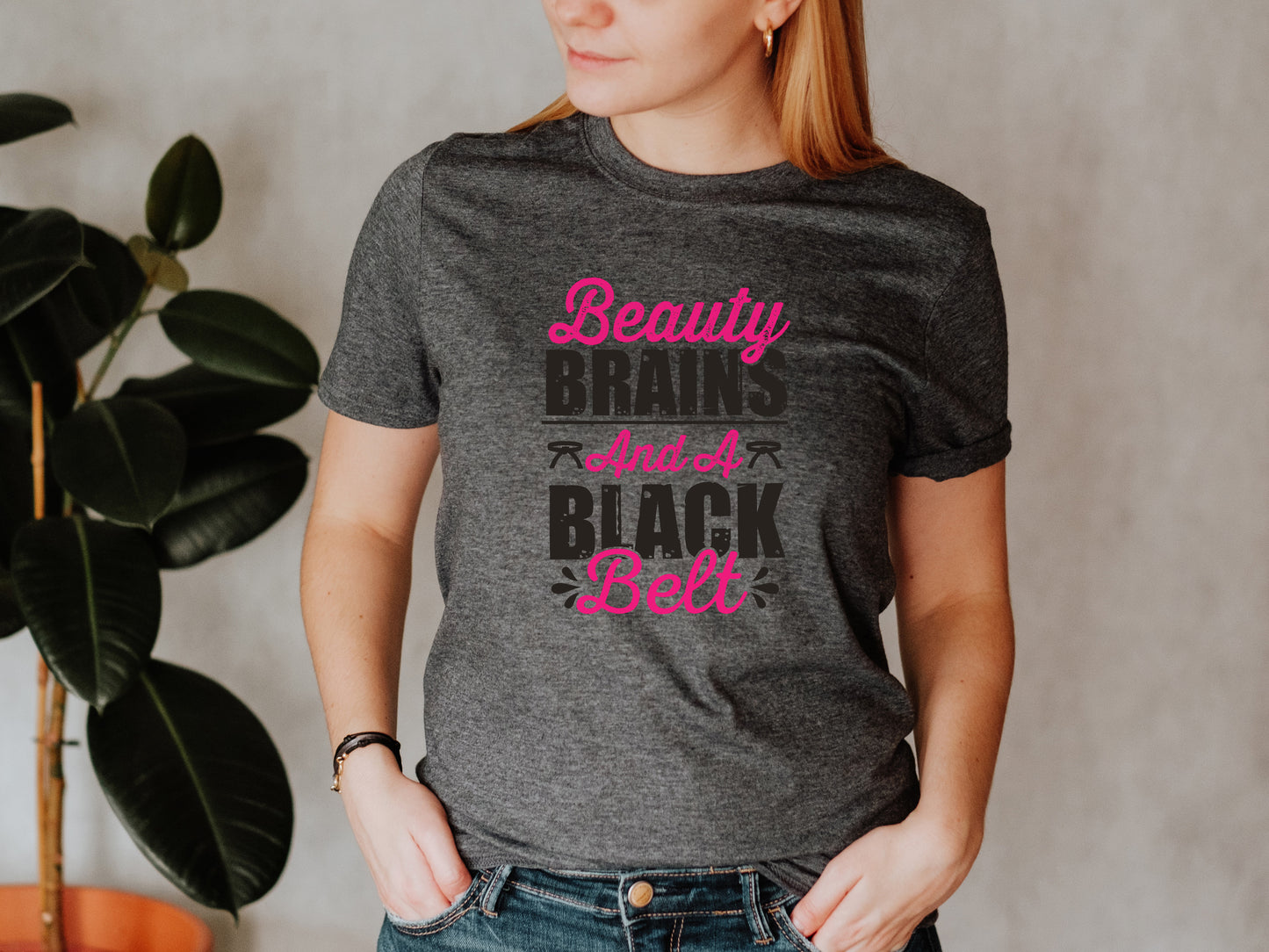 Beauty Brains and a Black Belt Unisex T-Shirt, Youth + Adult Sizes