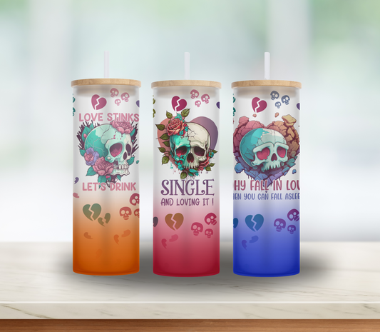 ANTI-Valentine's Day Gift for Bestie, Mom or Girlfriend- 25 oz Skulls Roses and Broken Hearts glass tumbler with bamboo lid and straw