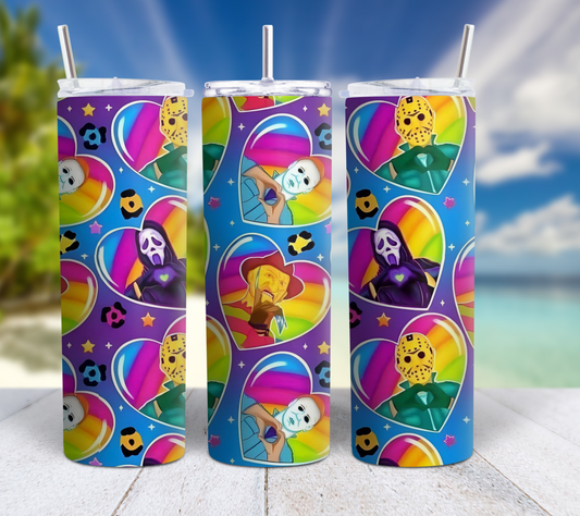 Horror Baddies 90's Colorful Rainbow Inspired 20oz Skinny Stainless Steel Tumbler, Sublimated Scary Movie Cup for Halloween or Friday the 13