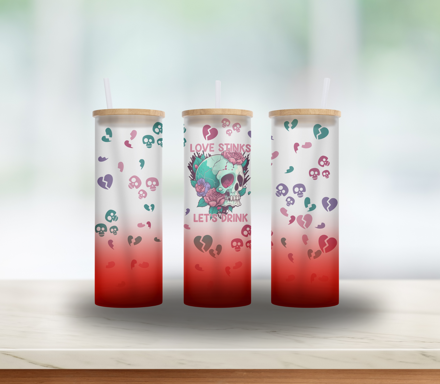 ANTI-Valentine's Day Gift for Bestie, Mom or Girlfriend- 25 oz Skulls Roses and Broken Hearts glass tumbler with bamboo lid and straw