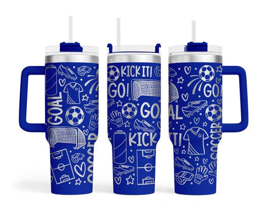 Engraved Soccer 40oz Insulated tumbler with handle and straw