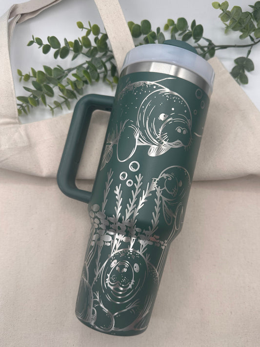 Manatee 40oz Insulated tumbler with handle and straw