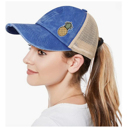 Pineapple Embroidered Ladies Distressed Ponytail Cap