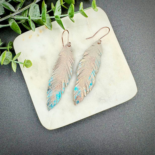 Leather Feather Earrings with Metallic accents. Great gift for travelers or for Mothers day Boho Southwestern Leaf design with custom colors