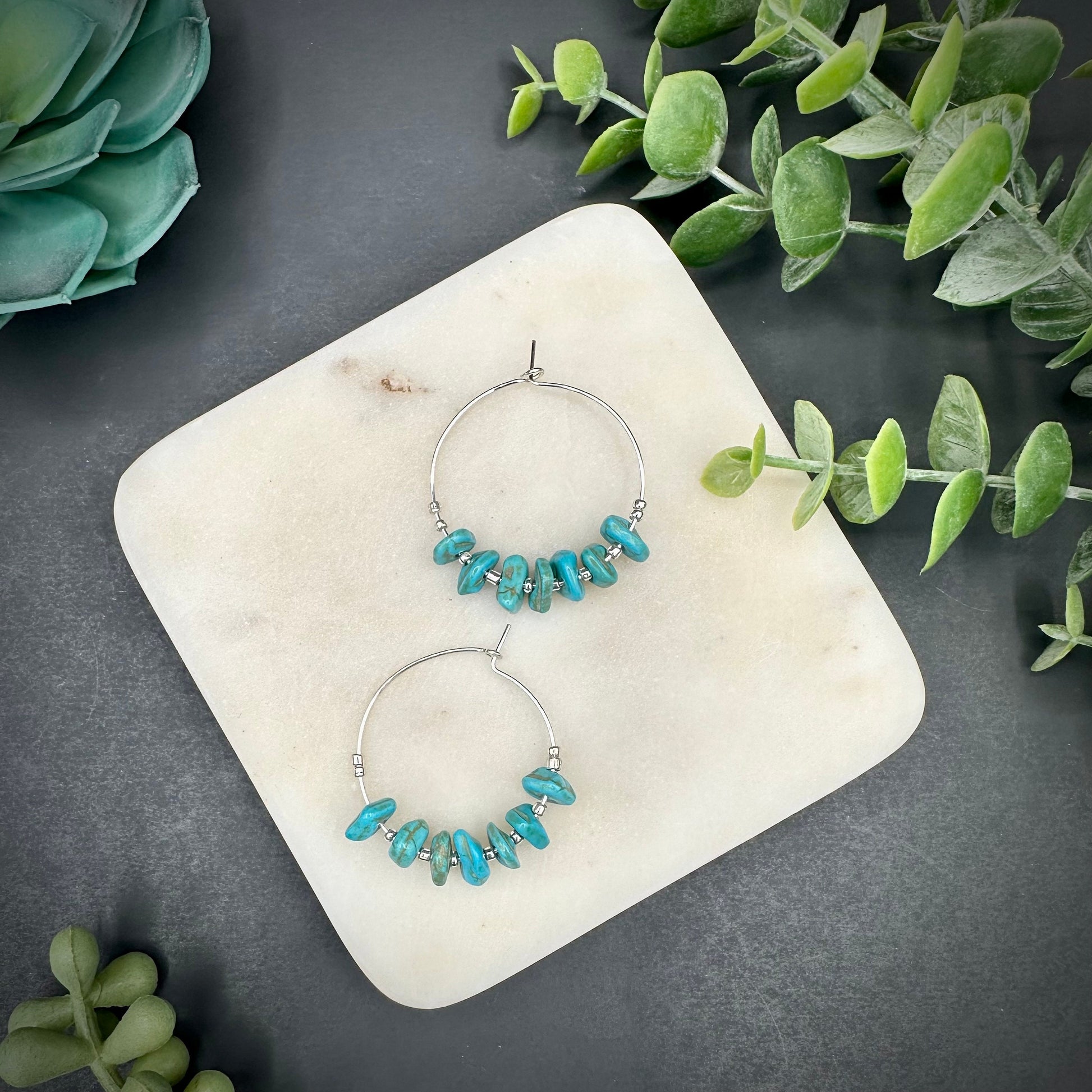 Turquoise Beaded Hoop Earrings in Gold, Silver, or Rose Gold. Lightweight and casual for the Beach or Vacation | Natural Stone chip earrings