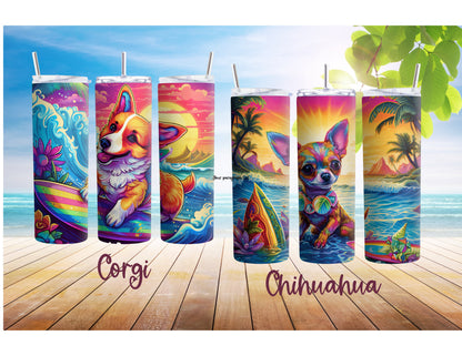 Colorful Dog Breed 90's Rainbow Inspired 20oz Stainless Steel Tumbler, Dog Breeds at the Beach Insulated Travel Mug for Summer