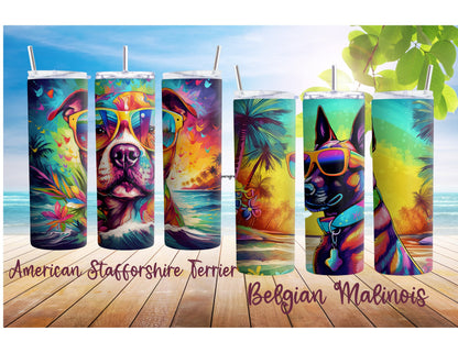 Colorful Dog Breed 90's Rainbow Inspired 20oz Stainless Steel Tumbler, Dog Breeds at the Beach Insulated Travel Mug for Summer