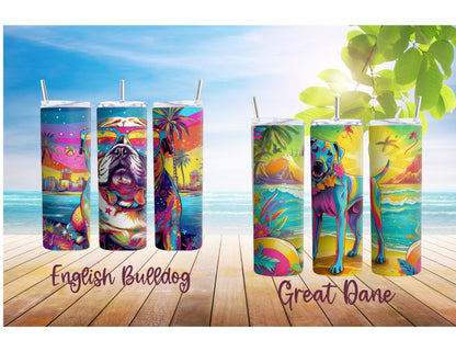 Colorful Dog Breed 90's Rainbow Inspired 20oz Stainless Steel Tumbler, Dog Breeds at the Beach Insulated Travel Mug for Summer