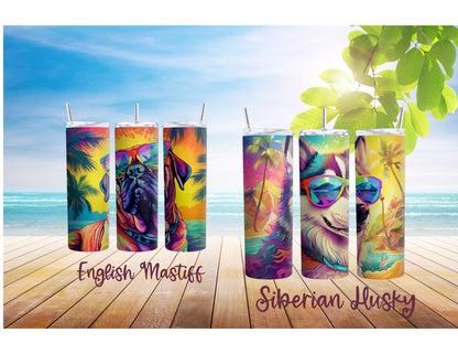 Colorful Dog Breed 90's Rainbow Inspired 20oz Stainless Steel Tumbler, Dog Breeds at the Beach Insulated Travel Mug for Summer