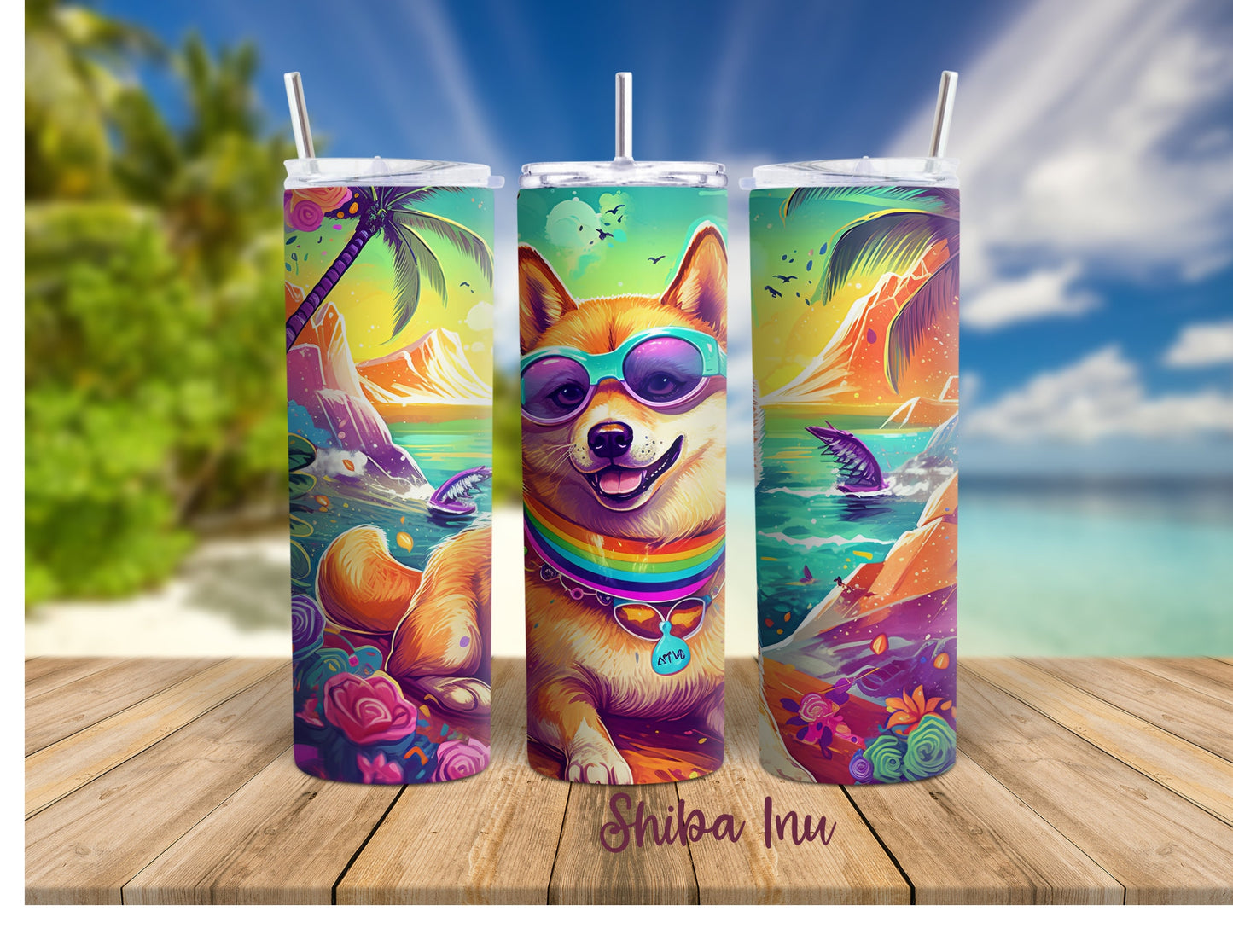 Colorful Dog Breed 90's Rainbow Inspired 20oz Stainless Steel Tumbler, Dog Breeds at the Beach Insulated Travel Mug for Summer