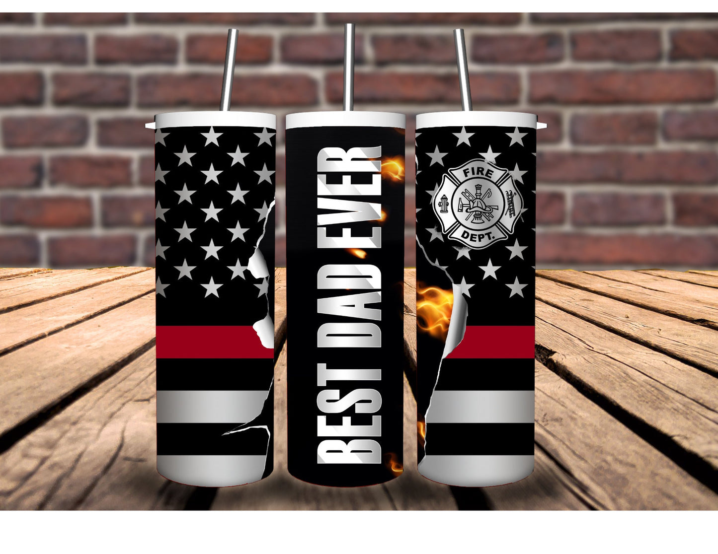 Best Dad Ever 20oz Insulated Hot Cold Tumbler - Camouflage, American Flag, Blue Line, Red Line Designs. For Veterans, Firefighter, or Police