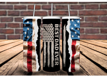 Best Dad Ever 20oz Insulated Hot Cold Tumbler - Camouflage, American Flag, Blue Line, Red Line Designs. For Veterans, Firefighter, or Police