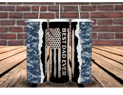 Best Dad Ever 20oz Insulated Hot Cold Tumbler - Camouflage, American Flag, Blue Line, Red Line Designs. For Veterans, Firefighter, or Police