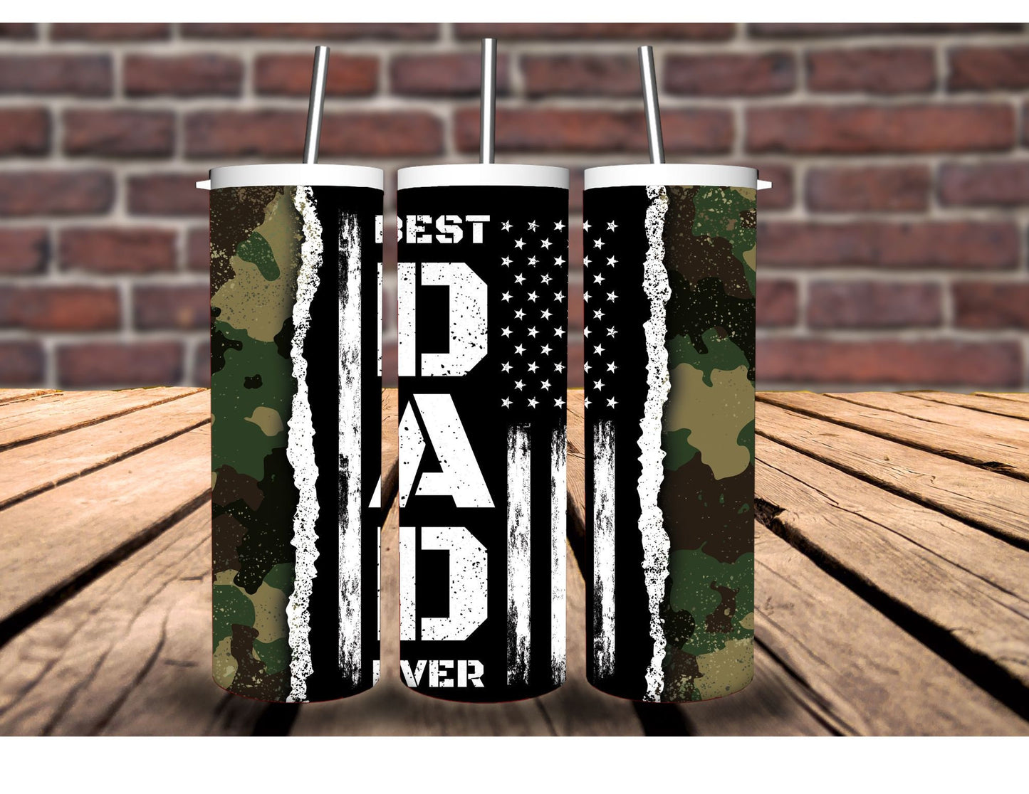 Best Dad Ever 20oz Insulated Hot Cold Tumbler - Camouflage, American Flag, Blue Line, Red Line Designs. For Veterans, Firefighter, or Police