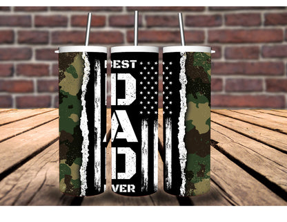 Best Dad Ever 20oz Insulated Hot Cold Tumbler - Camouflage, American Flag, Blue Line, Red Line Designs. For Veterans, Firefighter, or Police