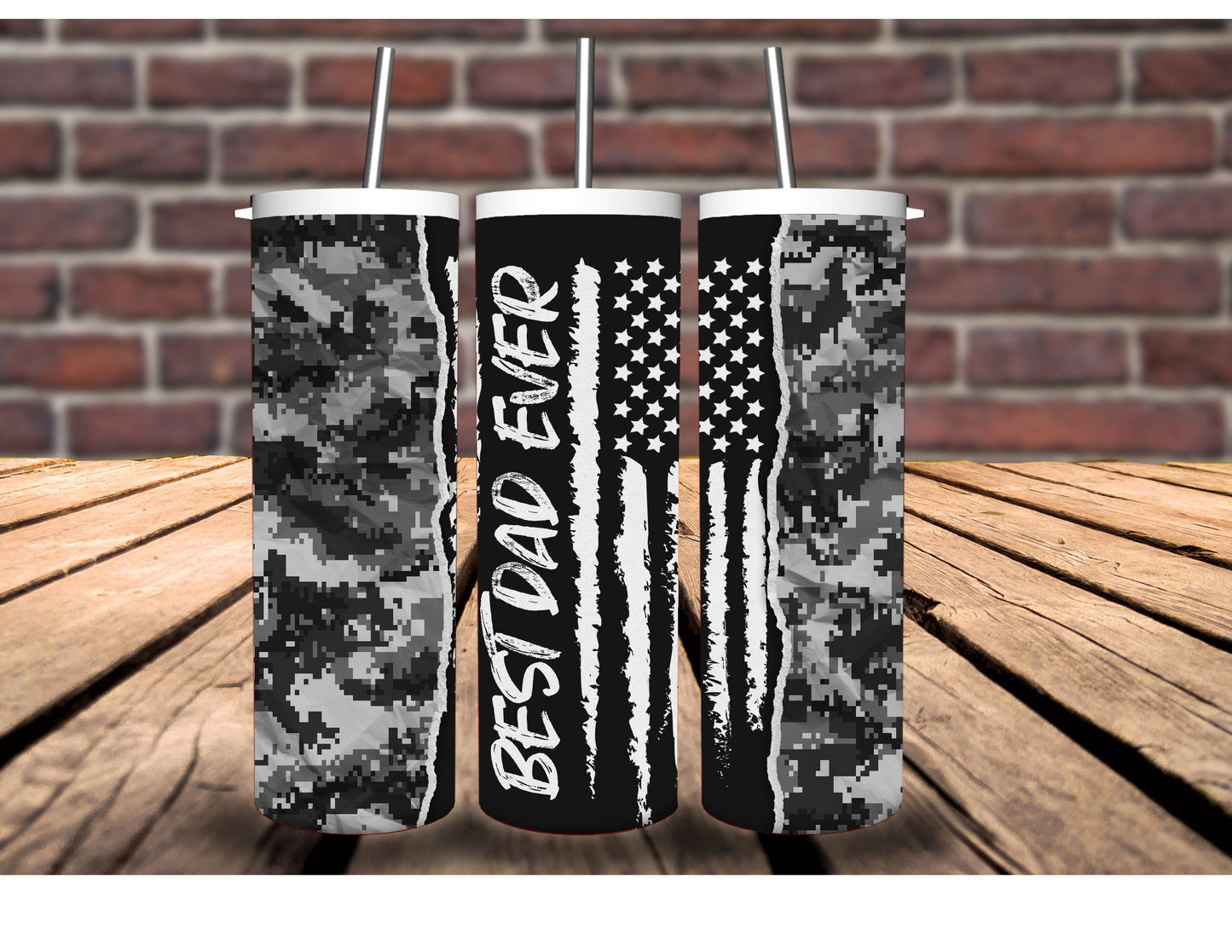 Best Dad Ever 20oz Insulated Hot Cold Tumbler - Camouflage, American Flag, Blue Line, Red Line Designs. For Veterans, Firefighter, or Police