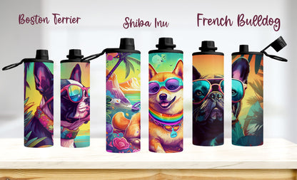 90's Inspired Dog Breed Stainless Steel Water Bottle, 20oz Colorful Dog Breeds at the Beach, Insulated Travel Cup for Gym or School