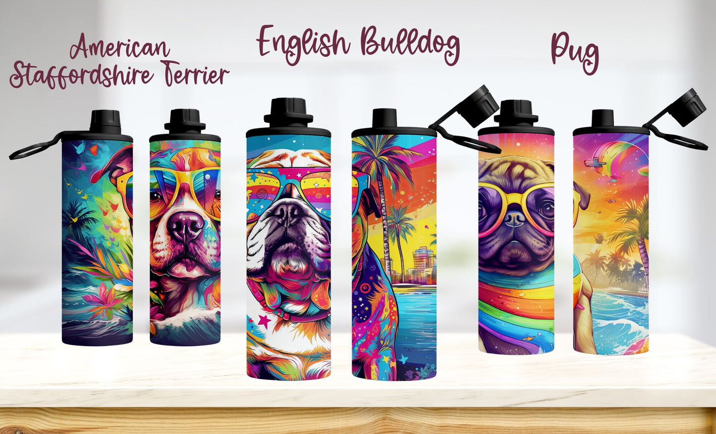 90's Inspired Dog Breed Stainless Steel Water Bottle, 20oz Colorful Dog Breeds at the Beach, Insulated Travel Cup for Gym or School