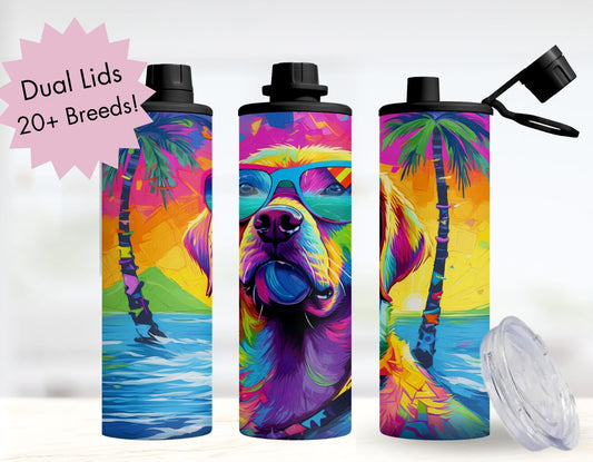 90's Inspired Dog Breed Stainless Steel Water Bottle, 20oz Colorful Dog Breeds at the Beach, Insulated Travel Cup for Gym or School