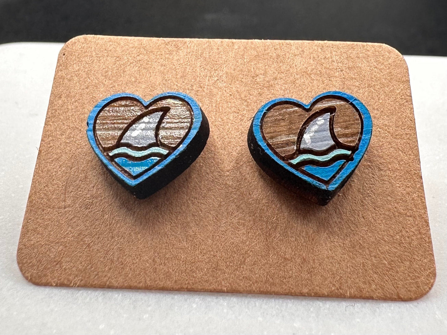 Shark Heart Handpainted Wooden Dangle Earrings - Reclaimed, Upcycled, and Lightweight for everyday wear.