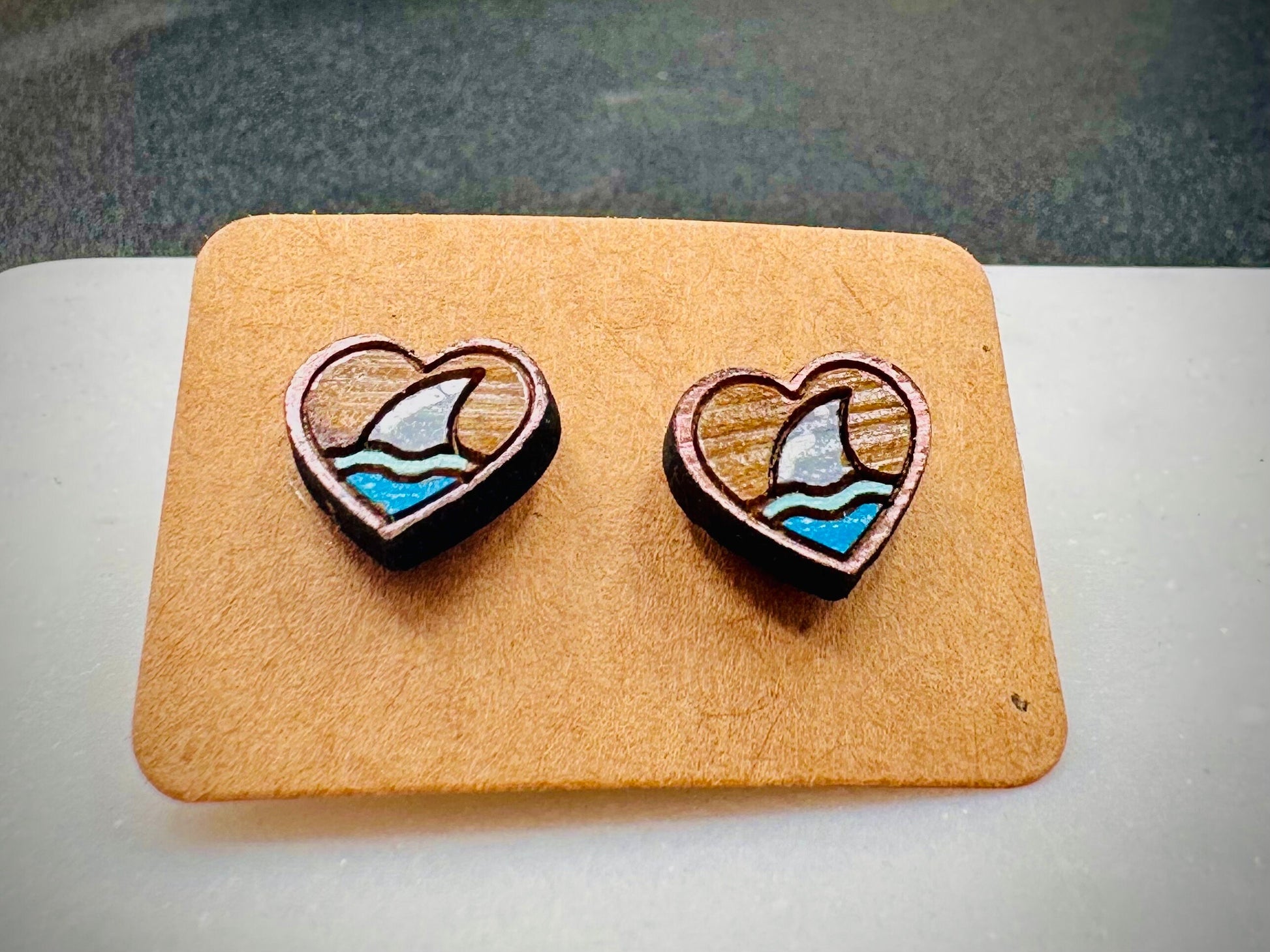 Shark Heart earrings, upcycled reclaimed wood- Shark Fin Studs are a great gift for divers, ocean lovers, and conservationists. SHARK WEEK