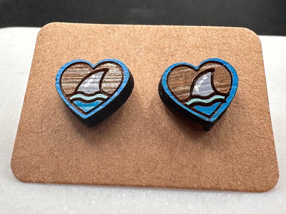 Shark Heart earrings, upcycled reclaimed wood- Shark Fin Studs are a great gift for divers, ocean lovers, and conservationists. SHARK WEEK