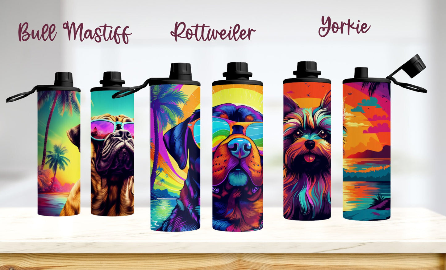 90's Inspired Dog Breed Stainless Steel Water Bottle, 20oz Colorful Dog Breeds at the Beach, Insulated Travel Cup for Gym or School