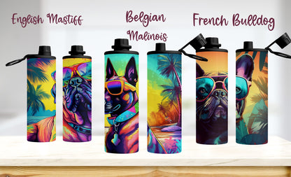 90's Inspired Dog Breed Stainless Steel Water Bottle, 20oz Colorful Dog Breeds at the Beach, Insulated Travel Cup for Gym or School