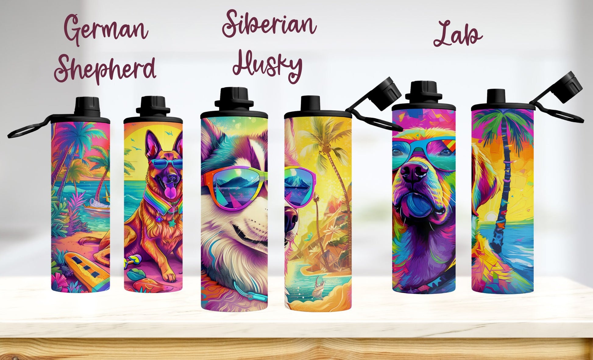 90's Inspired Dog Breed Stainless Steel Water Bottle, 20oz Colorful Dog Breeds at the Beach, Insulated Travel Cup for Gym or School