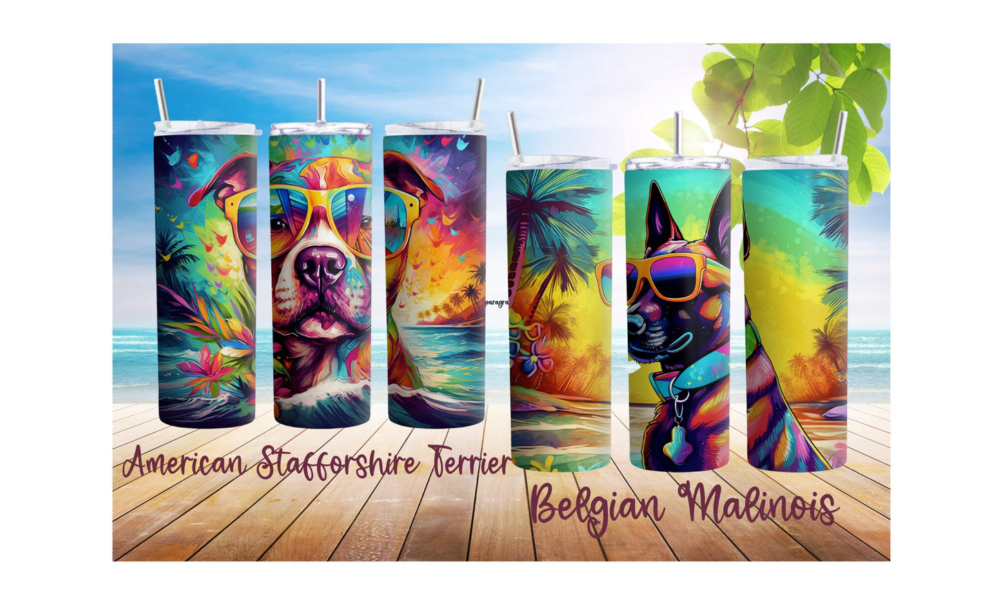 90's Inspired Dog Breed Stainless Steel Water Bottle, 20oz Colorful Dog Breeds at the Beach, Insulated Travel Cup for Gym or School