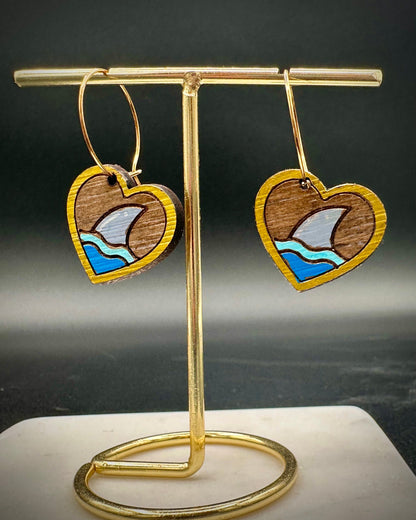 Shark Heart Handpainted Wooden Dangle Earrings - Reclaimed, Upcycled, and Lightweight for everyday wear.