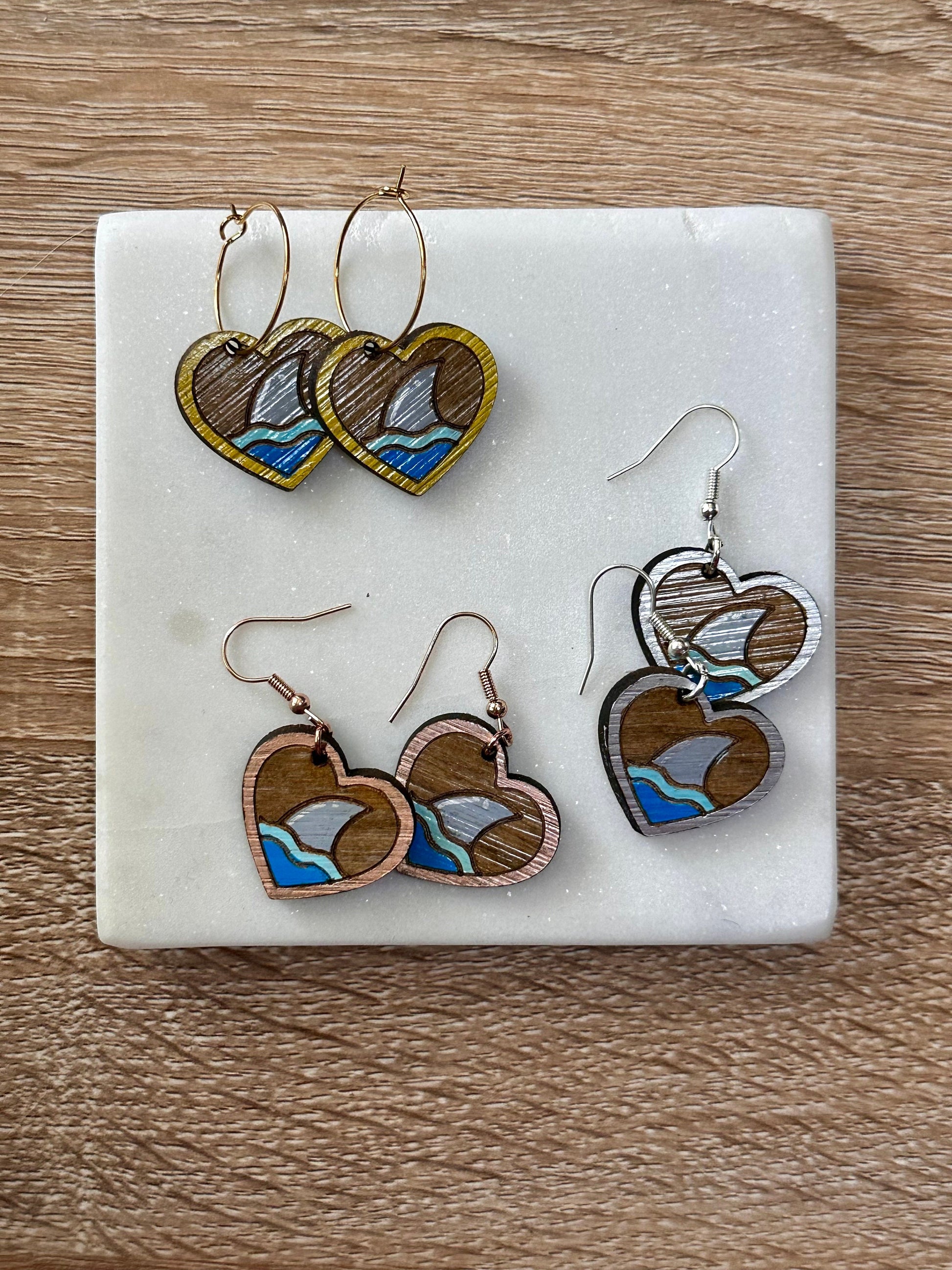 Shark Heart Handpainted Wooden Dangle Earrings - Reclaimed, Upcycled, and Lightweight for everyday wear.