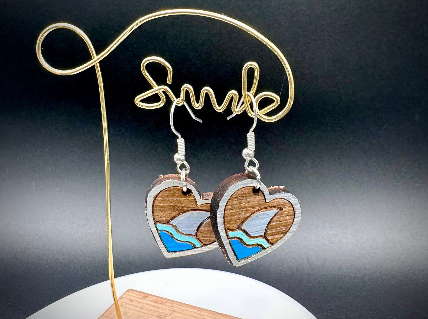 Shark Heart Handpainted Wooden Dangle Earrings - Reclaimed, Upcycled, and Lightweight for everyday wear.