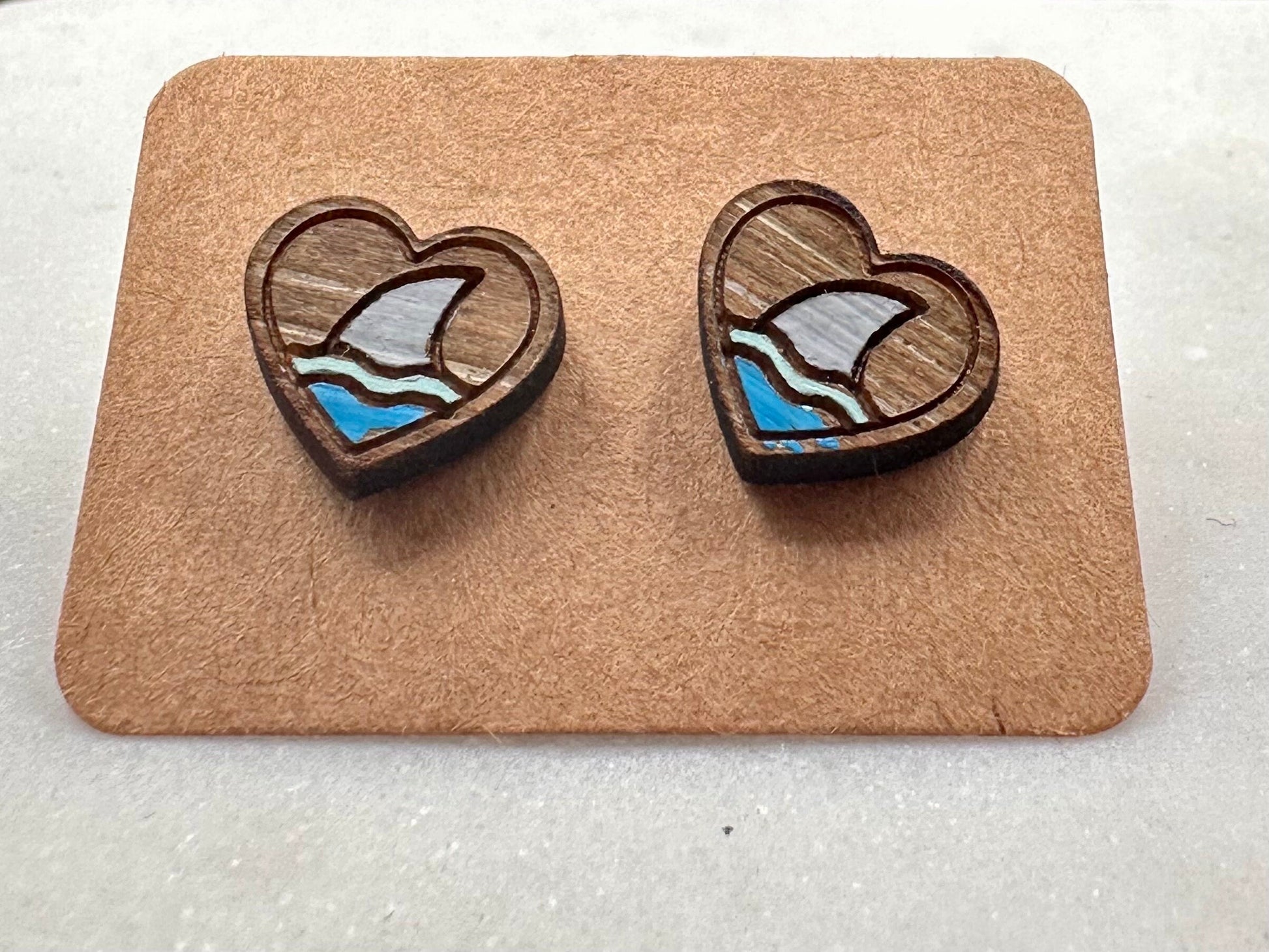 Shark Heart earrings, upcycled reclaimed wood- Shark Fin Studs are a great gift for divers, ocean lovers, and conservationists. SHARK WEEK