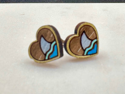 Shark Heart earrings, upcycled reclaimed wood- Shark Fin Studs are a great gift for divers, ocean lovers, and conservationists. SHARK WEEK