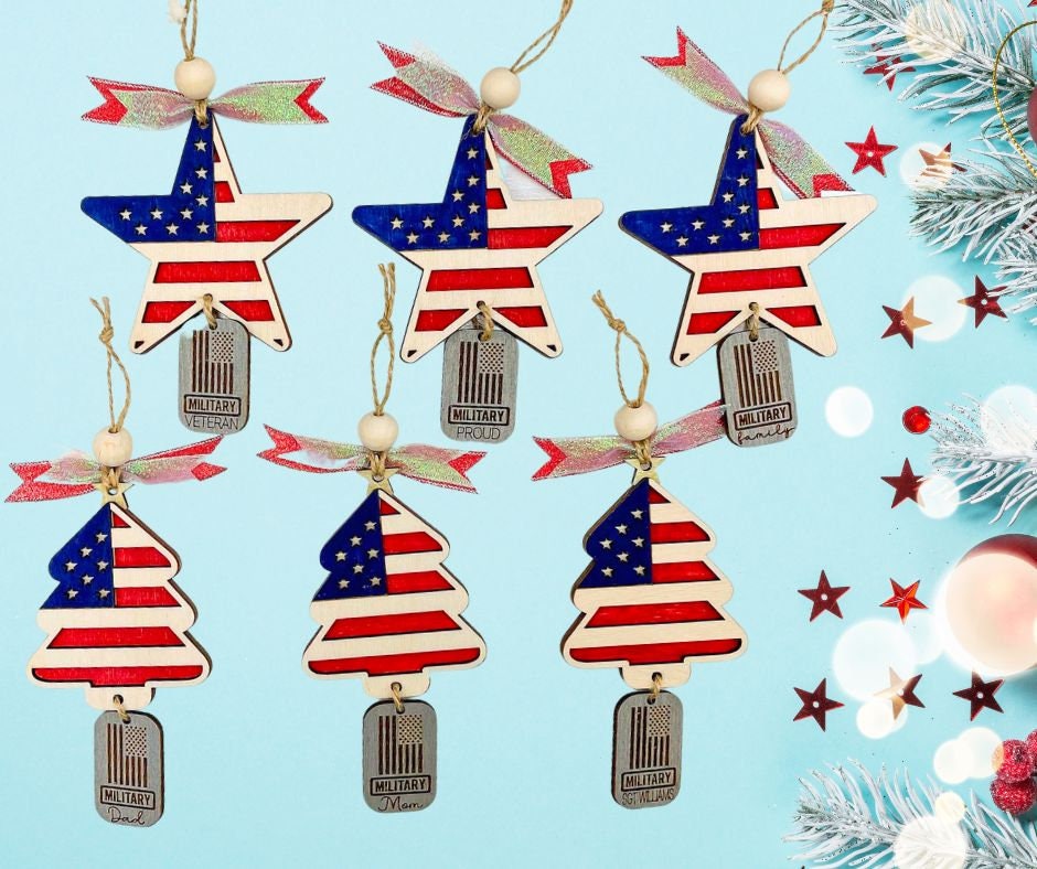 Patriotic Star or Christmas tree Ornament with Dogtag personalization.