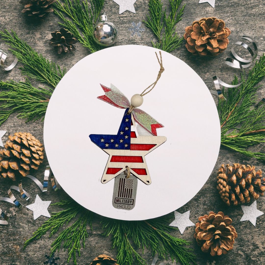 Patriotic Star or Christmas tree Ornament with Dogtag personalization.