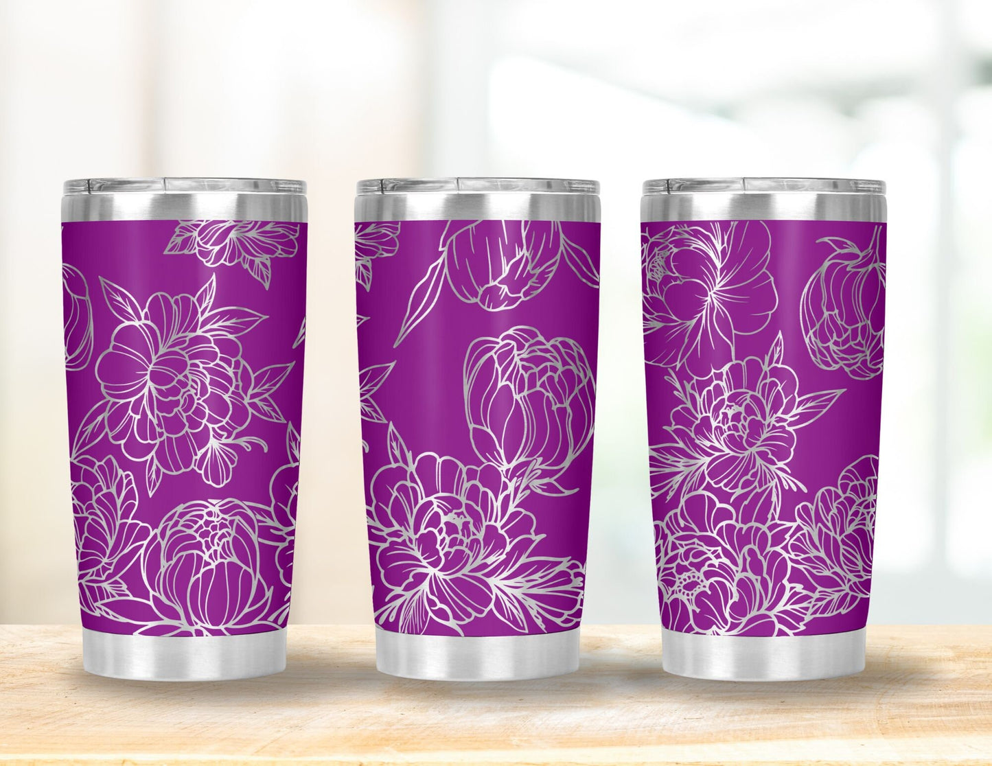 Full Wrap Floral Peony Tumbler- 20 oz, Feminine and Delicate Peonies design makes a perfect Christmas Gift for Gardeners and Plant Lovers