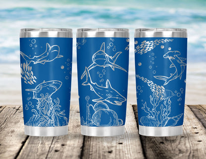 Full Wrap Engraved Shark Tumbler- 20 ounces w/ Hammerhead, Great White for the diver, SCUBA instruction or dive buddy. Many colors available