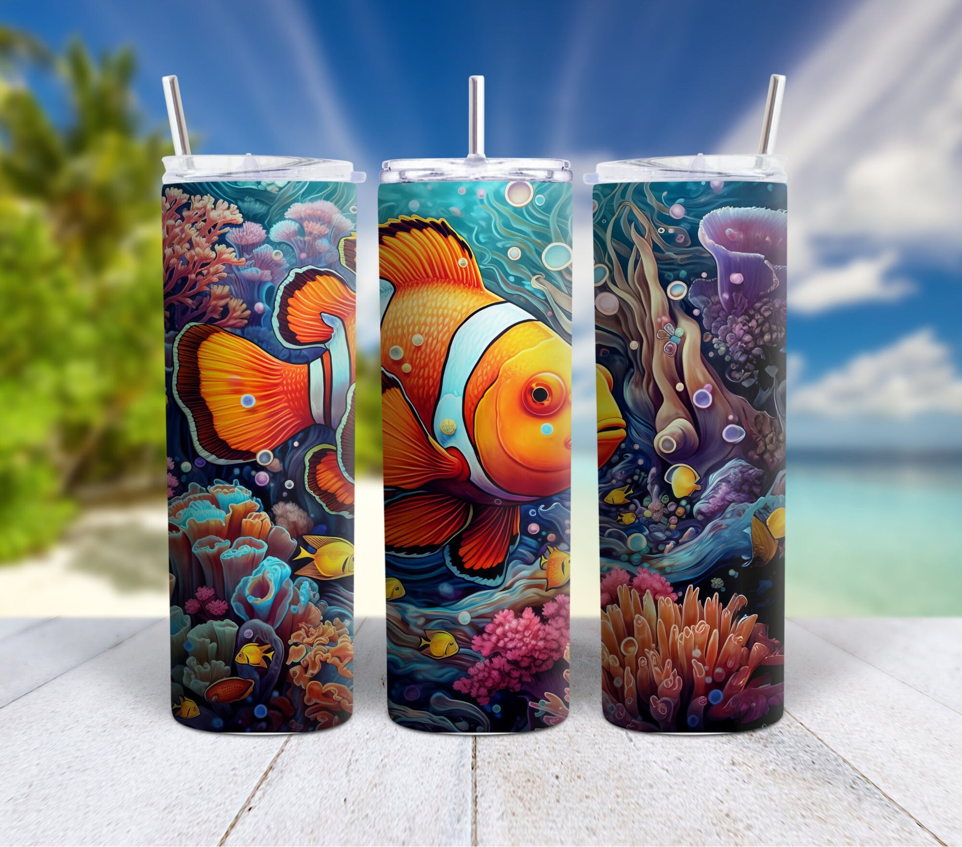 Colorful Ocean Life 90's Rainbow 20oz Stainless Steel Tumbler, Insulated Travel Mug with Manatee Orca, Octopus, Otters, Clowfish, Dolphins