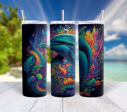 Colorful Ocean Life 90's Rainbow 20oz Stainless Steel Tumbler, Insulated Travel Mug with Manatee Orca, Octopus, Otters, Clowfish, Dolphins