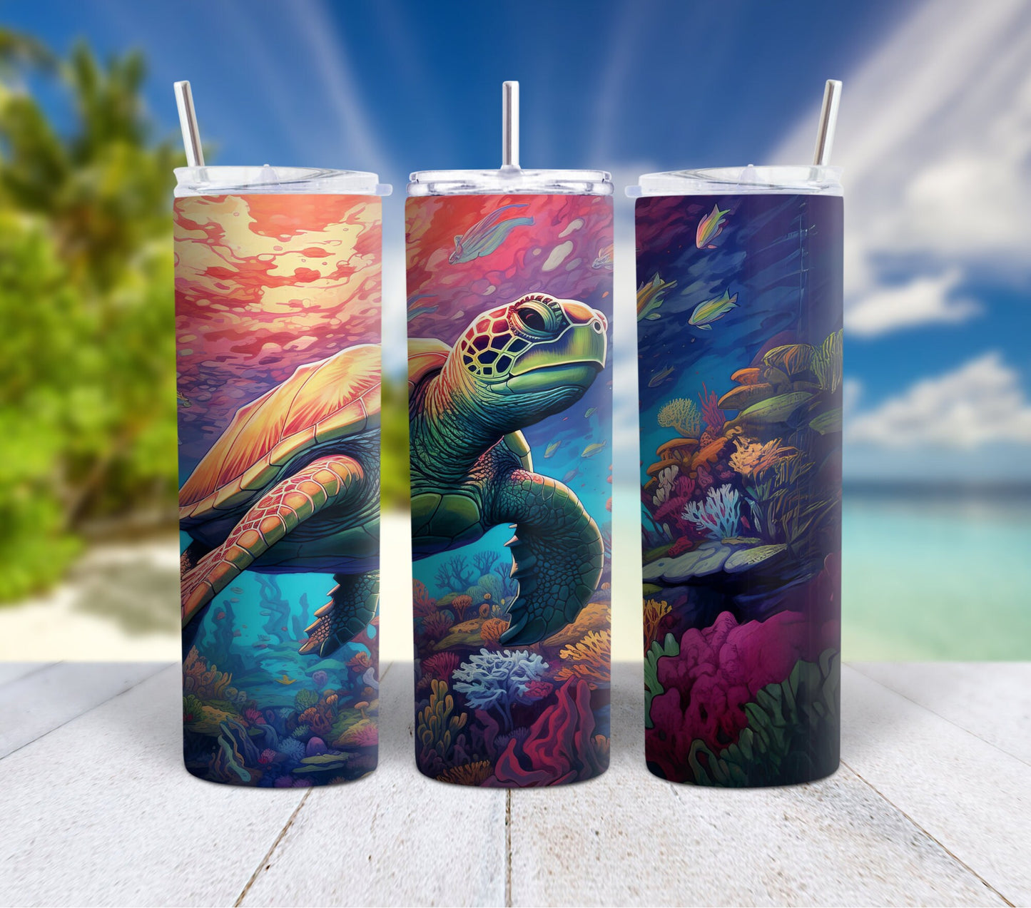 Colorful Ocean Life 90's Rainbow 20oz Stainless Steel Tumbler, Insulated Travel Mug with Manatee Orca, Octopus, Otters, Clowfish, Dolphins